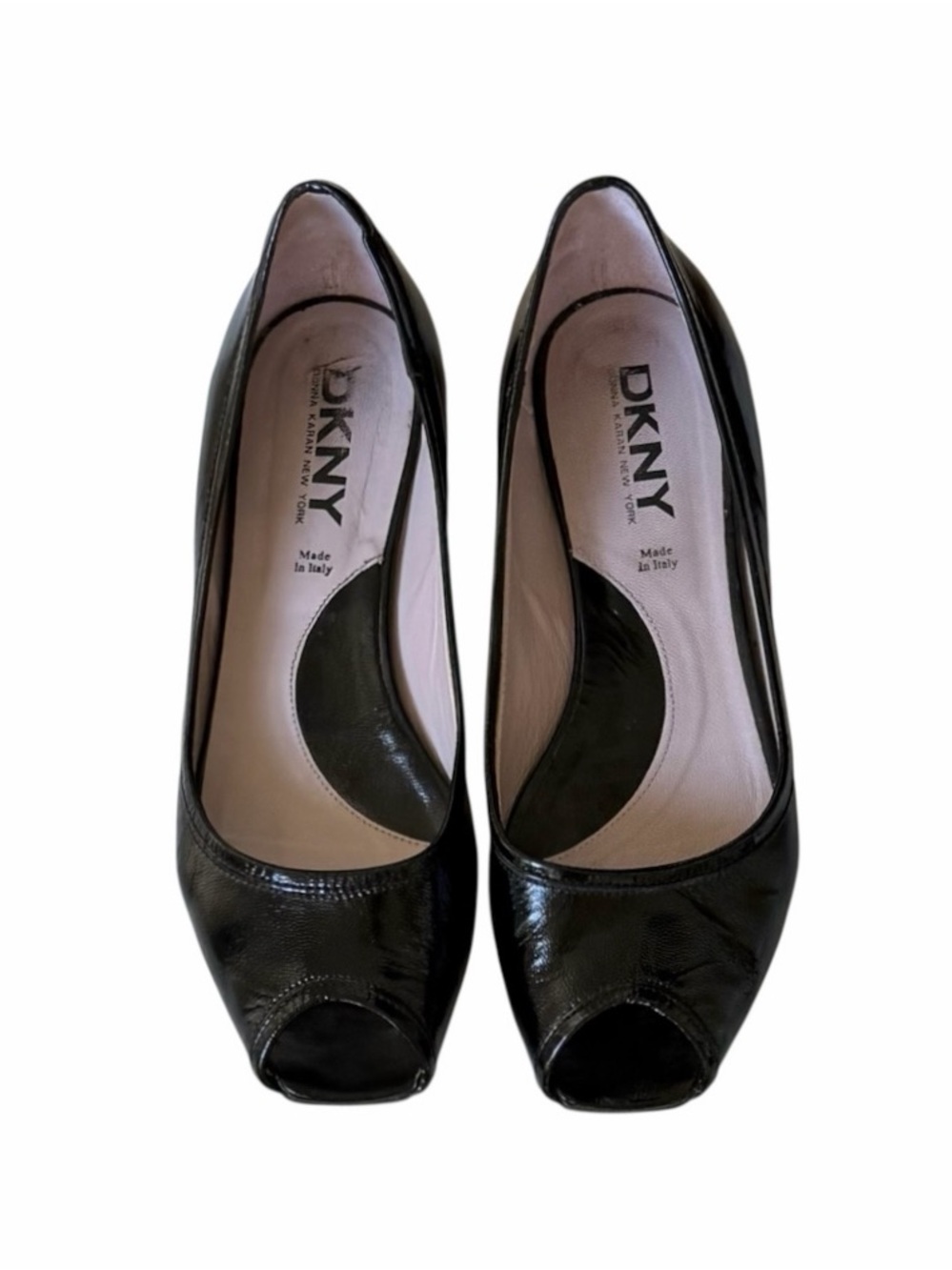 Donna Karan New York Black Patent Leather Peep Toe Flats Size 7.5 with Box